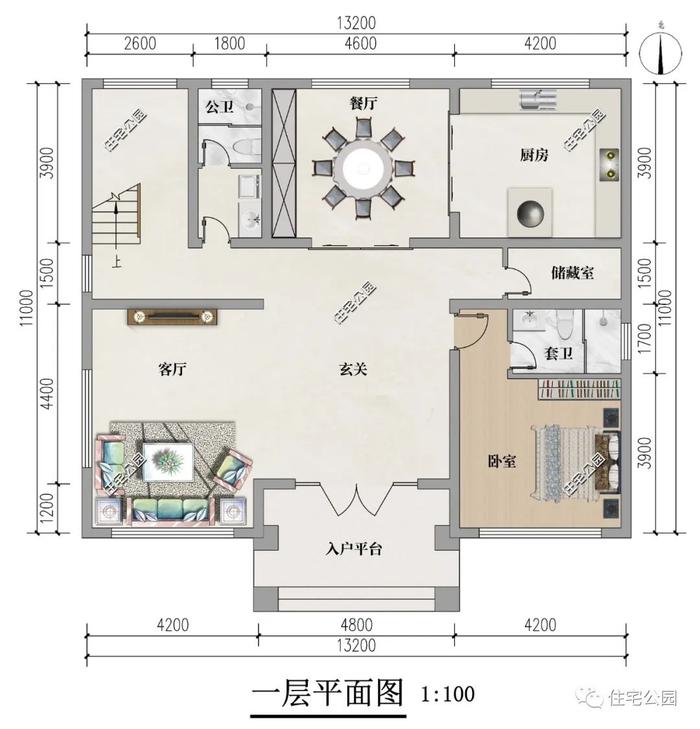 挑空客厅+豪华套卧+独立阳台，13×11米三层农村别墅