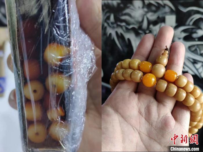 受访者自己用茶水泡的菩提根手串。受访者供图。