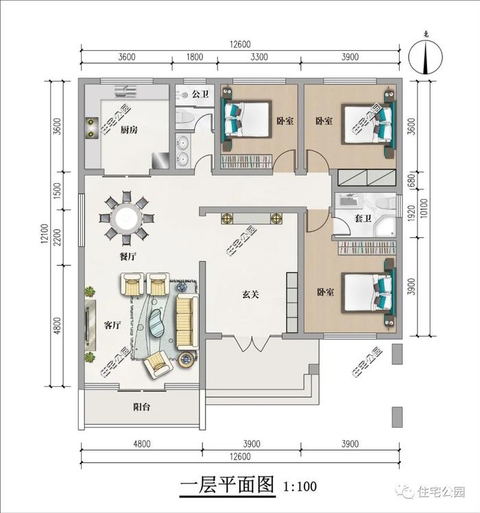 3室2厅好格局+全景落地窗，12×12米一层养老别墅