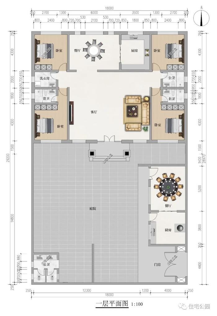 河北农村定制18×29米新中式一层小院，9米宽客厅通透又大气