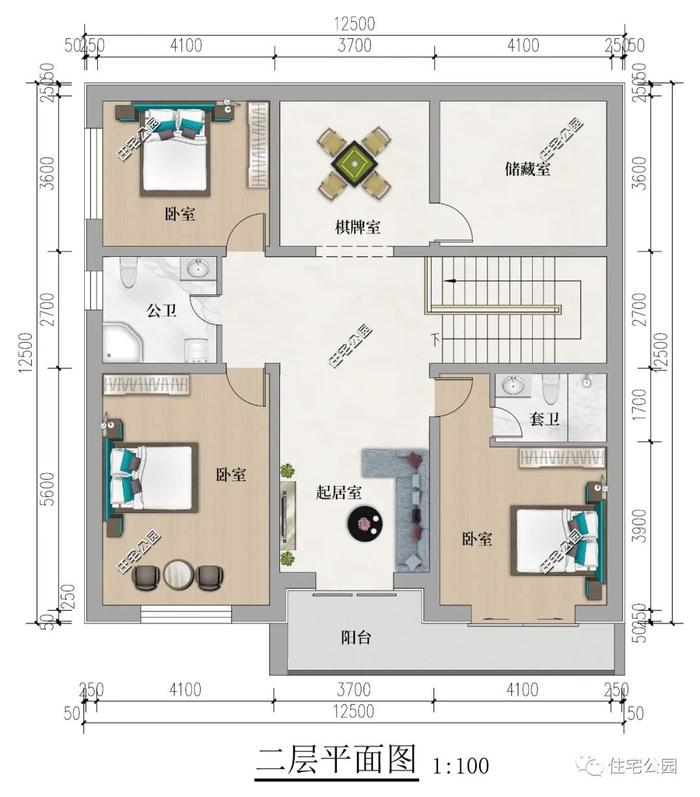 12×12米现代风二层平顶别墅，户型方正，南北通透