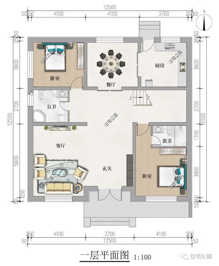 12×12米现代风二层平顶别墅，户型方正，南北通透