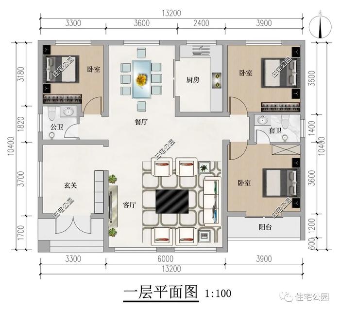 3室2厅带阳台，13×10米现代风一层质朴别墅，养老房就这样盖