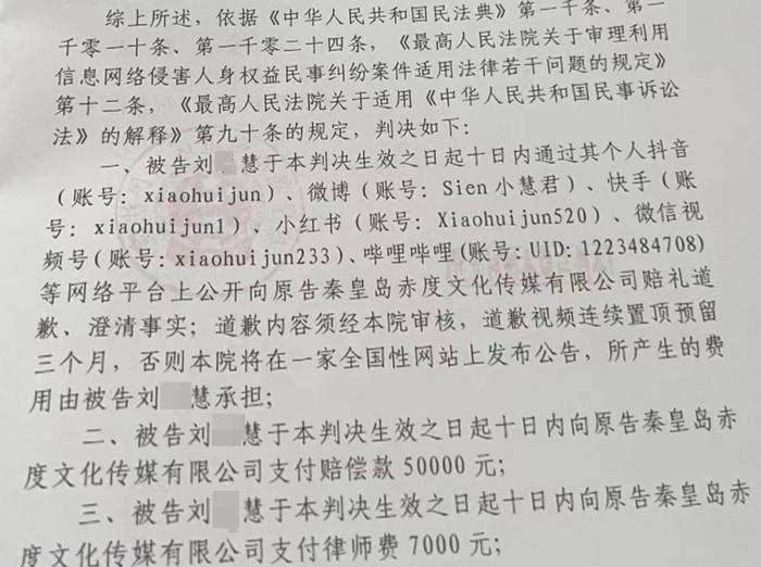 法院判决刘某慧公开道歉,赔偿原告5万元