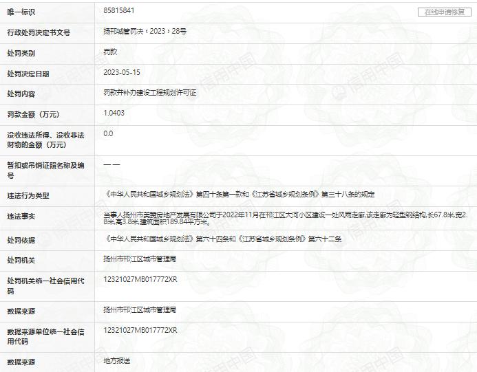 美的置业旗下公司违反城乡规划法被处罚