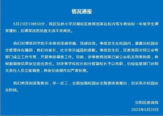 武汉汉阳区教育局通报小学生校内被撞身亡：涉事学校校长和分管副校长免职