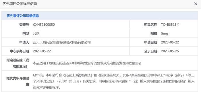 正大天晴PI3Kδ/α抑制剂上市申请拟纳入优先审评