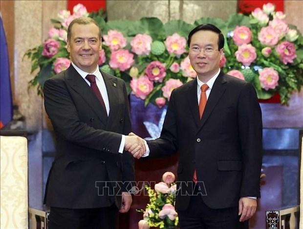 梅德韦杰夫22日同越南国家主席武文赏会面,图自越通社