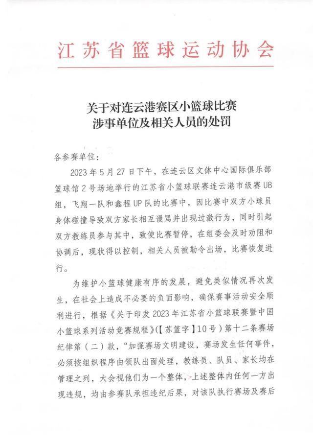 江苏省篮球运动协会：关于对连云港赛区小篮球比赛涉事单位及相关人员的处罚