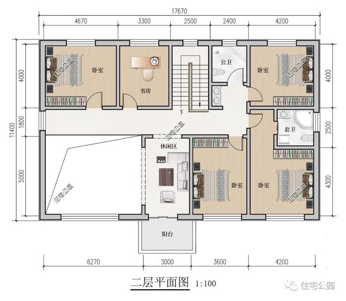 17×12米新中式二层别墅，7间卧室+挑空客厅，舒适布局提高生活品质
