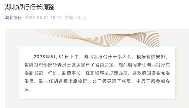 刘战明出任湖北银行行长，曾在湖北最大的产业投资集团任职