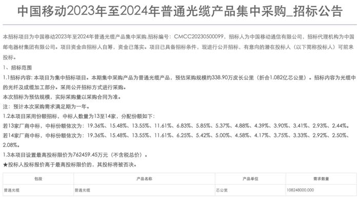 中国移动启动普通光缆集采：规模约1.082亿芯公里，最高限价76亿元