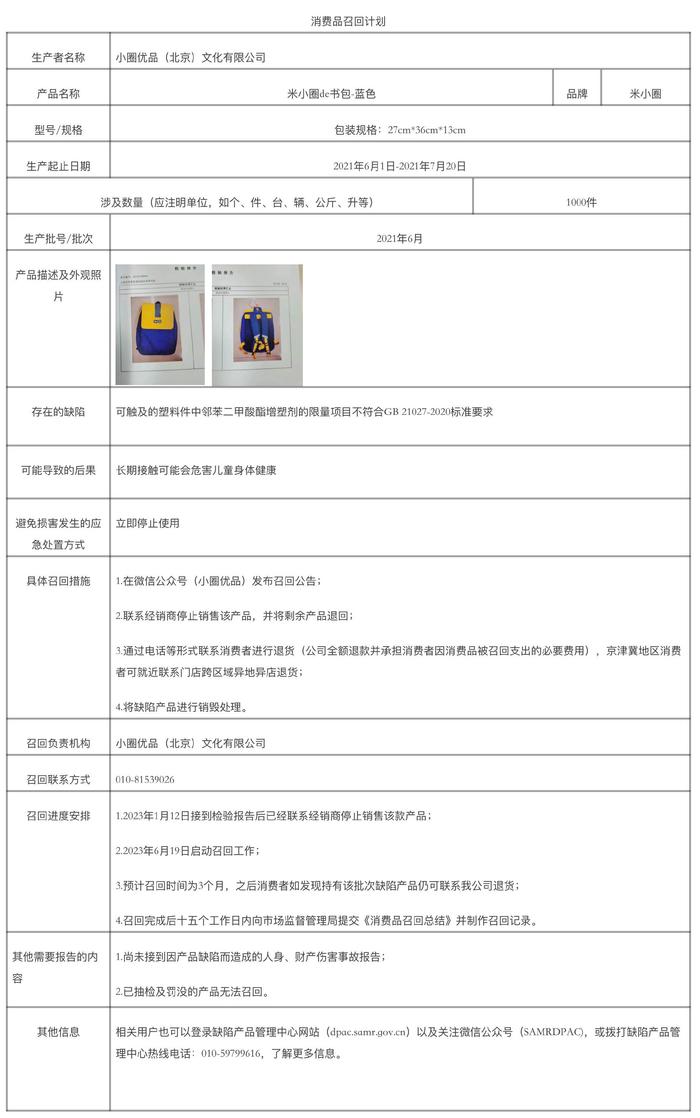 小圈优品召回部分型号米小圈牌书包产品，共计1000件