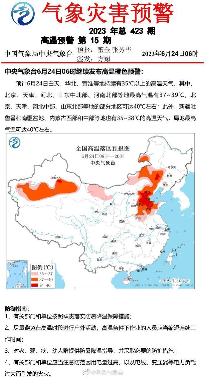 中央气象台发布高温橙色预警：京津冀鲁部分地区可达40℃