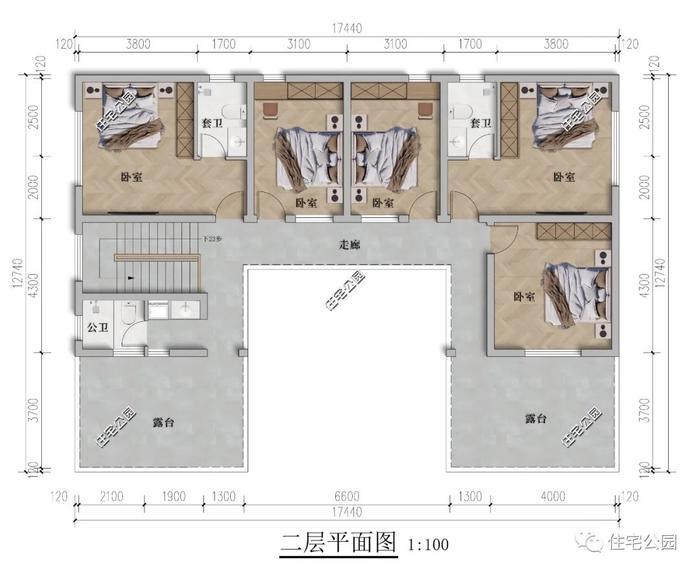 坐东朝西，17×12米二层中式合院，拥有4间套房+独立厨房餐厅+双露台