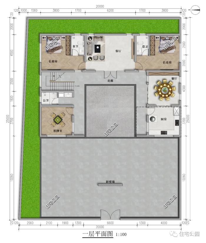 坐东朝西，17×12米二层中式合院，拥有4间套房+独立厨房餐厅+双露台