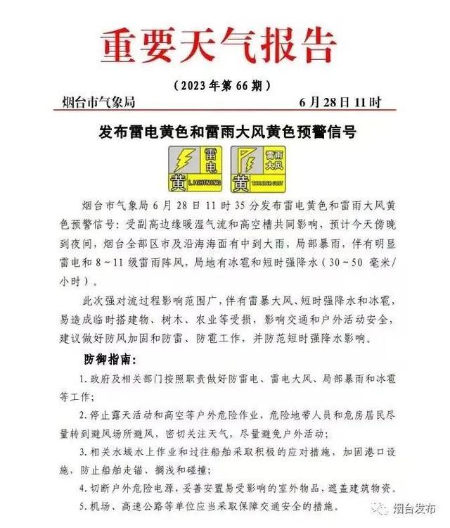8～11级雷雨阵风、局地冰雹！烟台双黄预警齐发！