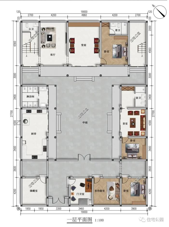 堂屋+3套卧+无窗设计，甘肃农村自建19×27米中式古典大宅