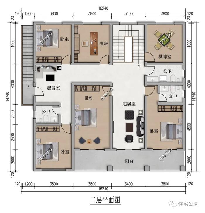 16×14米带室外楼梯的二层新中式别墅，南北通透+朝南多卧室，舒适至极