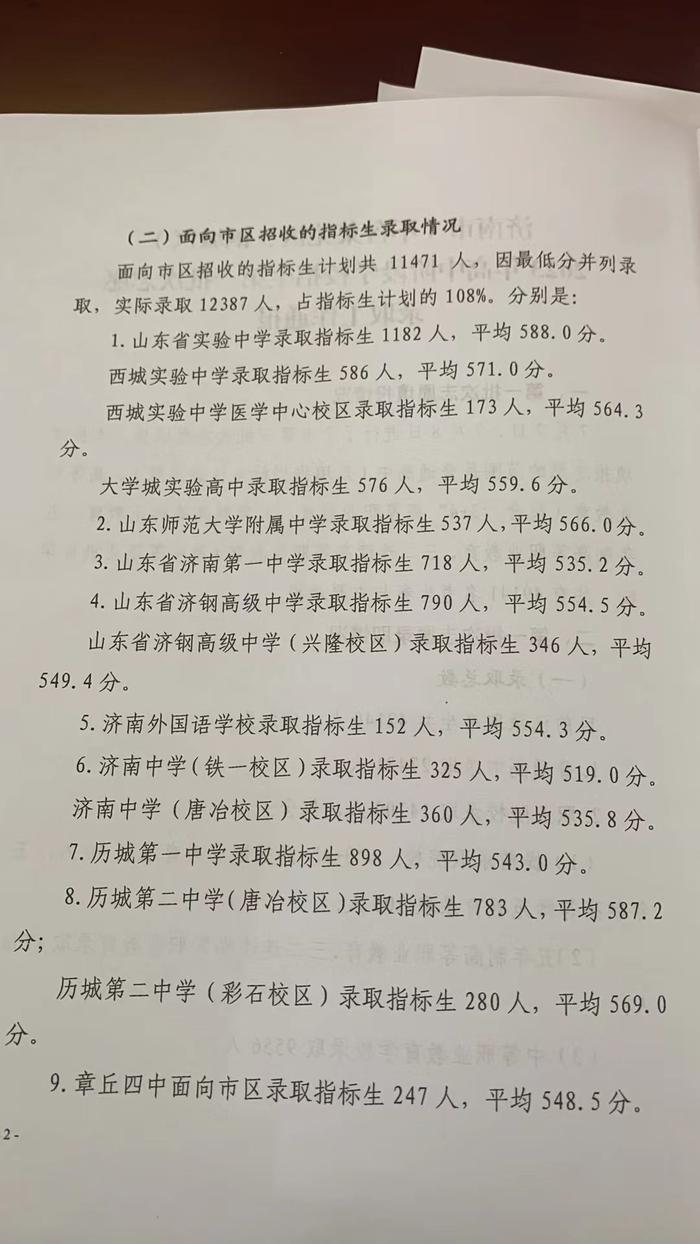 济南中考指标生录取平均分公布：省实验588分！历城二中（唐冶）587.2分！山师附中566分…