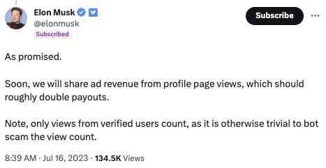 马斯克：推特将分享来自个人资料页面浏览量的广告收入