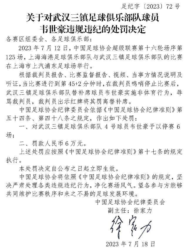 中国足协公布对武汉三镇球员韦世豪违规违纪的处罚决定：停赛6场，罚款6万元