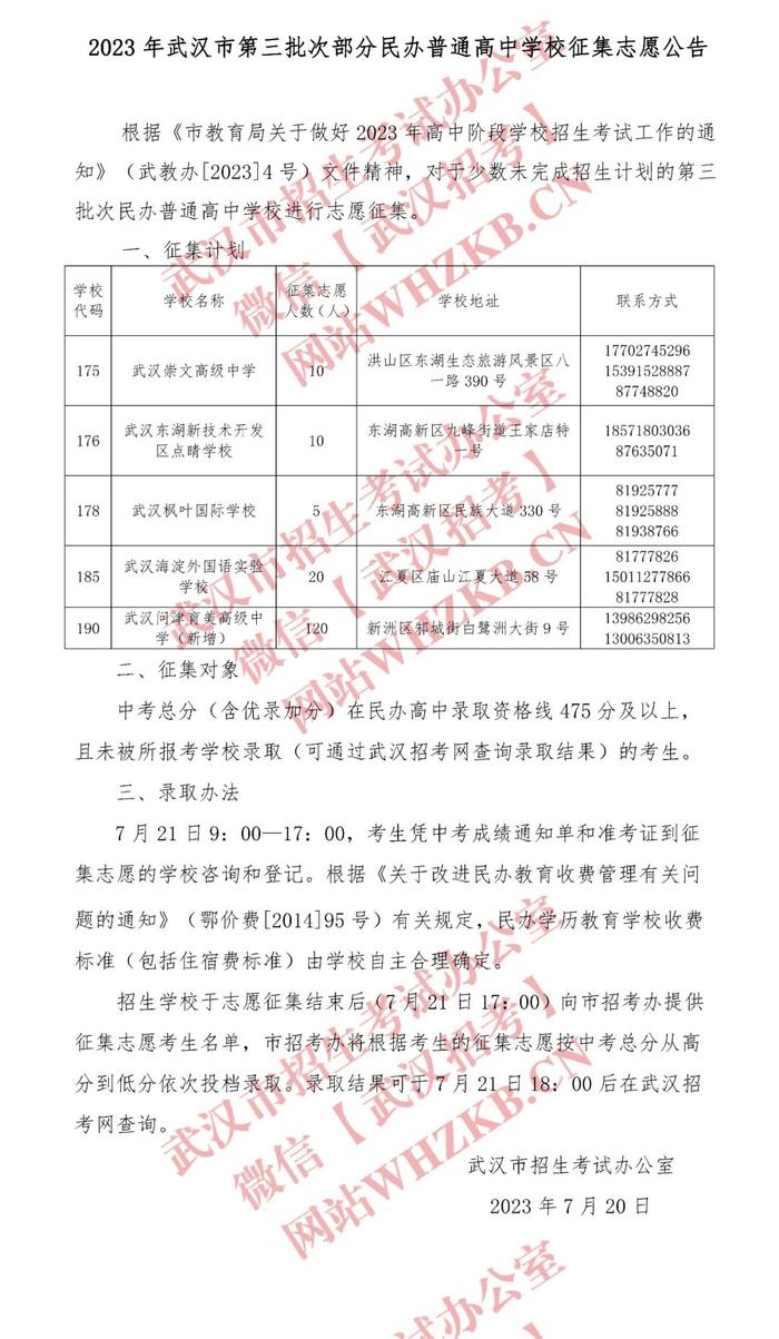 【关注】2023年武汉市第三批次部分民办普通高中学校征集志愿公告