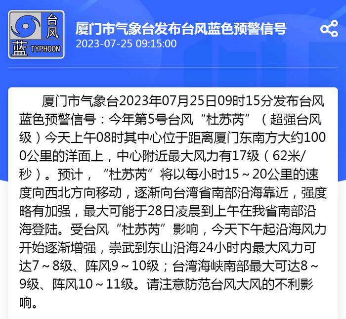 厦门发布今年首个台风预警信号！公交调整、景区闭园……最新出行提醒！