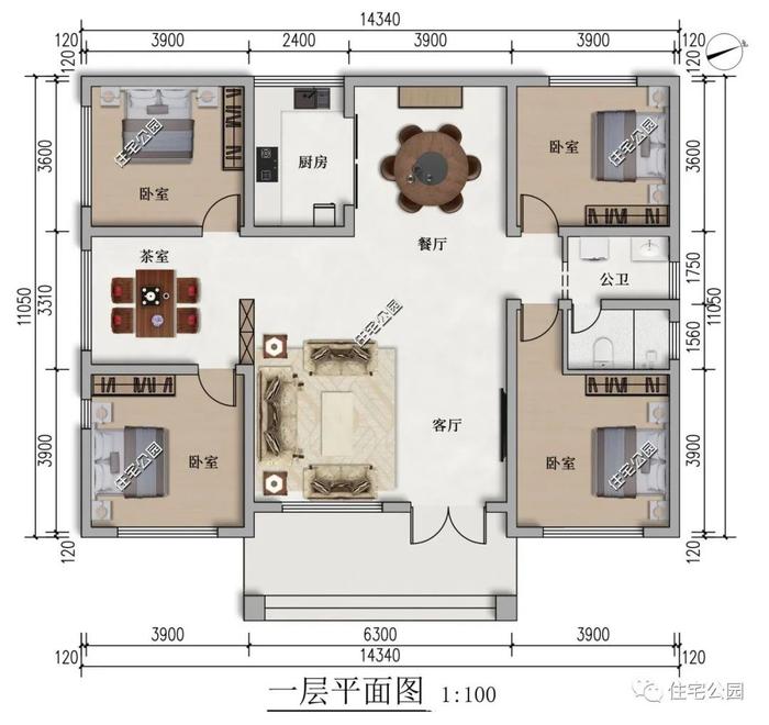 专门父母而建，14×11米一层新中式户型，四室两厅好格局