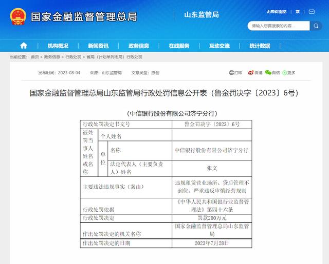 中信银行济宁分行收200万罚单，原行长王中兴被终身禁业