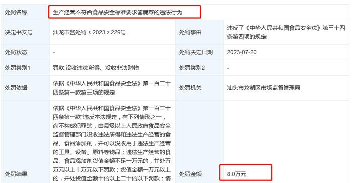 汕头一腌制厂酱腌菜不合格被罚，曾被广东3·15晚会点名