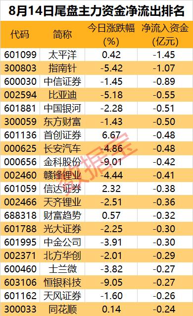 主力资金 | 新能源车两大龙头遭资金出逃！尾盘一批AI概念股获加仓