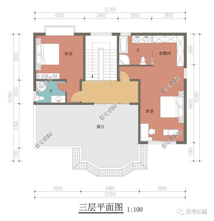 特价图纸丨弧形落地窗+舒适套间，12×10米高品质三层别墅