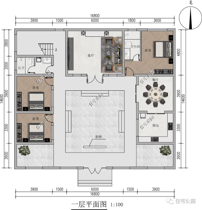 16×14米中式三层合院，四水归堂格局、步步高升外观，展现传统东方古韵之美（2293+）