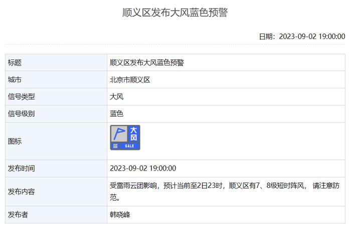 顺义区发布大风蓝色预警