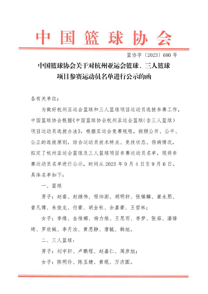 篮协公布亚运会篮球大名单：周琦李凯尔缺席王哲林在列