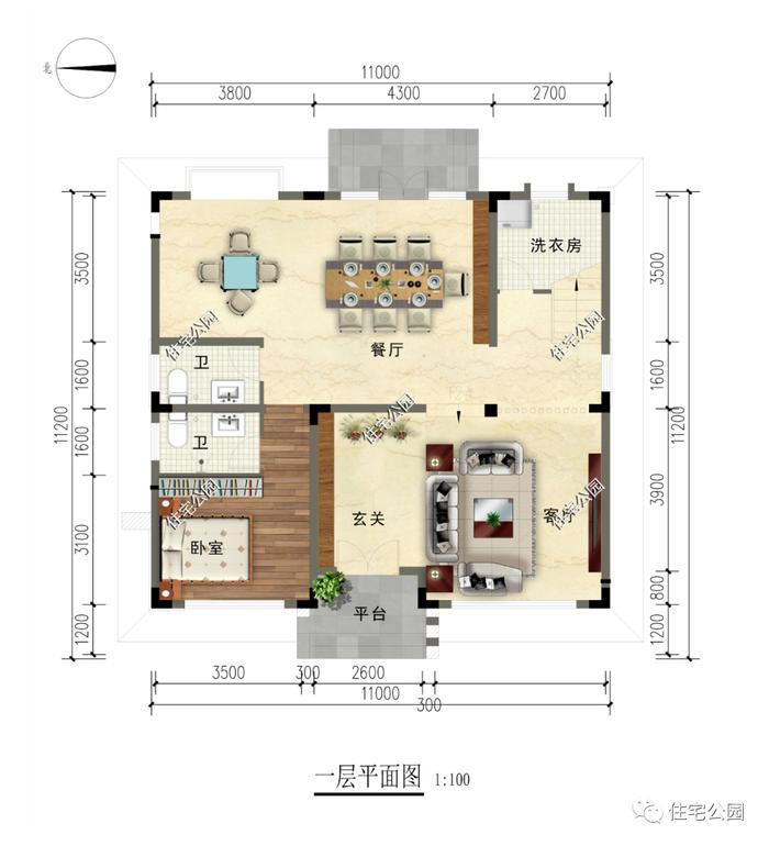 特价图纸丨独立厨房+挑空客厅，11×11米三层半现代别墅