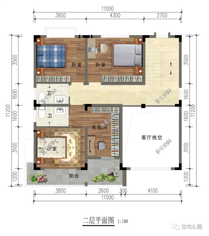 特价图纸丨独立厨房+挑空客厅，11×11米三层半现代别墅