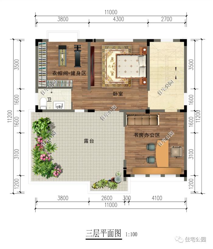 特价图纸丨独立厨房+挑空客厅，11×11米三层半现代别墅