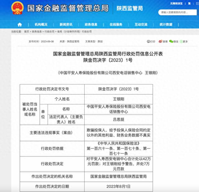 存在欺骗投保人等行为，平安人寿西安电话销售中心被罚42万