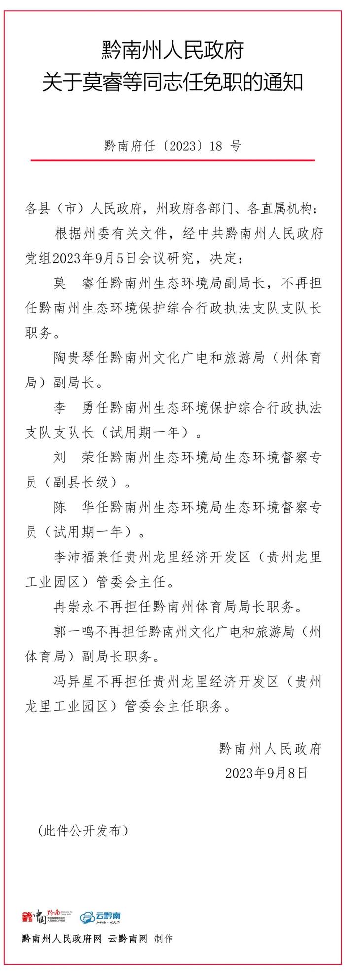 黔南州人民政府关于莫睿等同志任免职的通知