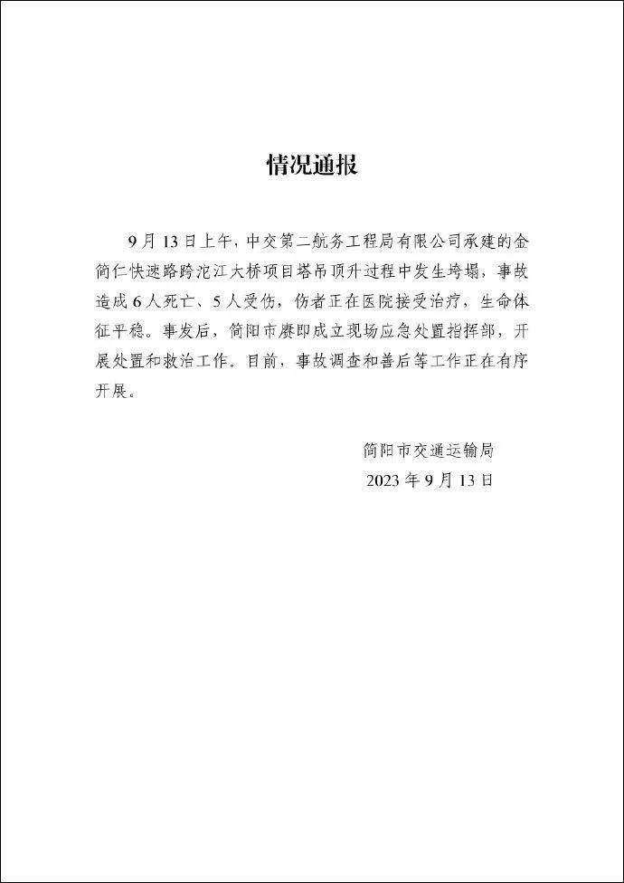 四川一大桥项目塔吊垮塌，造成6死5伤