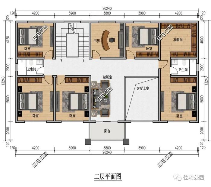 挑空客厅+54平大套卧+双露台，湖南业主定制20×13米新中式别墅