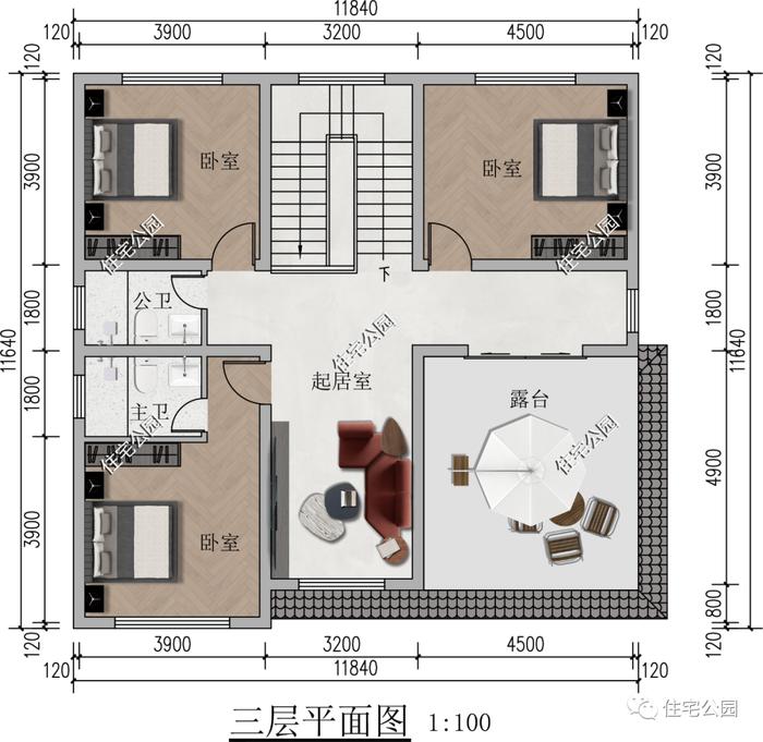 带挑空客厅的11×12米新中式三层别墅，7间卧室布局，住得好舒服