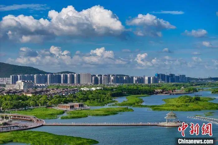 资料图：航拍苏州太湖湖滨国家湿地公园，蓝天碧水生态美。泱波 摄