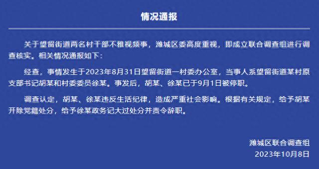 山东潍坊市潍城区通报“望留街道两名村干部不雅视频”事件