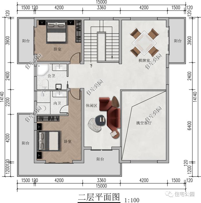 独立厨房设计+3面环绕阳台，15×31米古朴内敛的中式二层合院