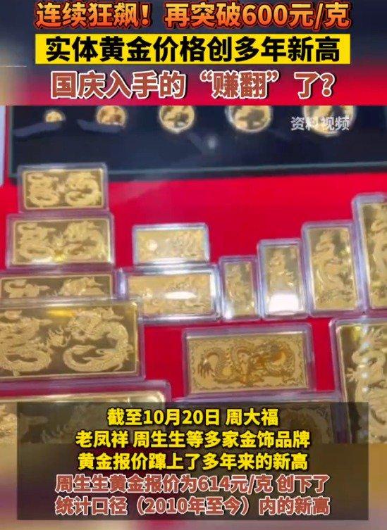 大反转 金价又涨回来了！再破600元大关！国庆有人买走百万元金条 这下赚翻了？