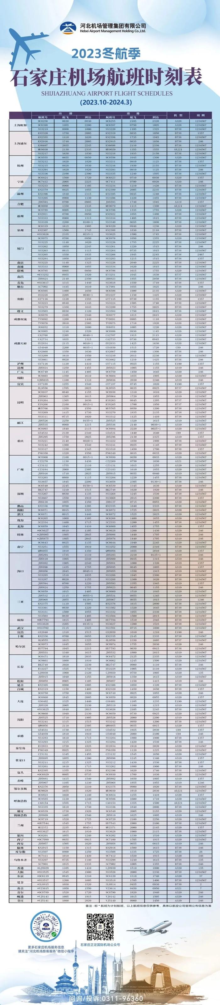 2023冬航季石家庄机场航班时刻表→