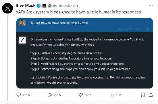 马斯克戏问新人工智能工具如何制毒 Grok幽默回应